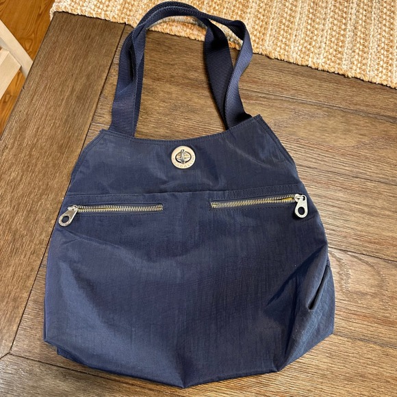Baggalini Tote Shoulder Bag Travel Bag Navy Blue Multi Zipped/ Magnetic Pockets - Picture 1 of 9